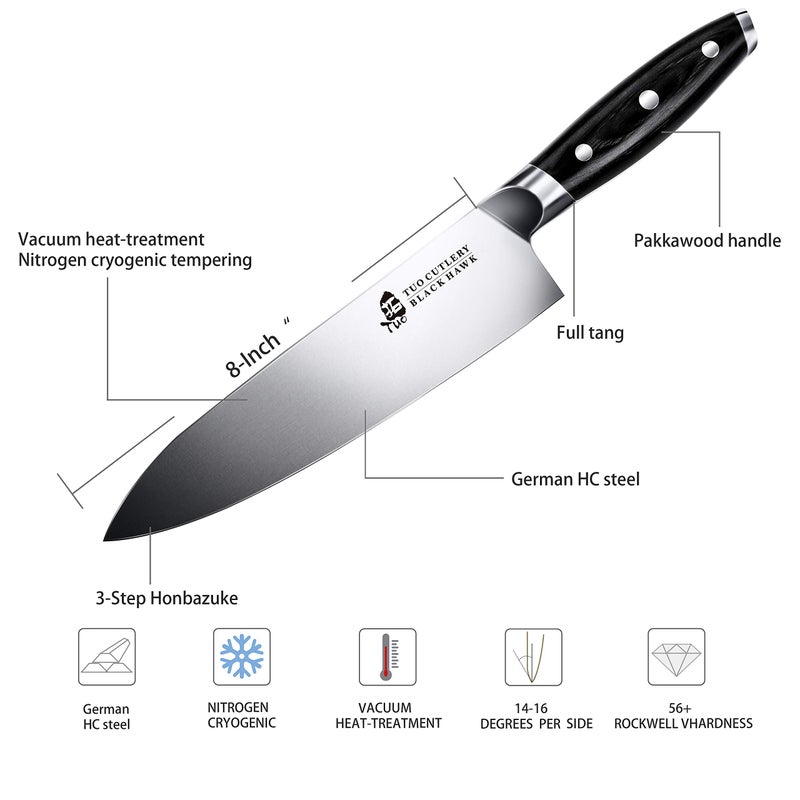 TUO Chef Knife -Professional Kitchen Chefs Knife Cooking Knife Gyuto Knives 8 Inch,Razor Sharp German HC Steel Japanese Chef Knife with Ergonomic Pakkawood Handle - BLACK HAWK SERIES in Gift Box - Image 3